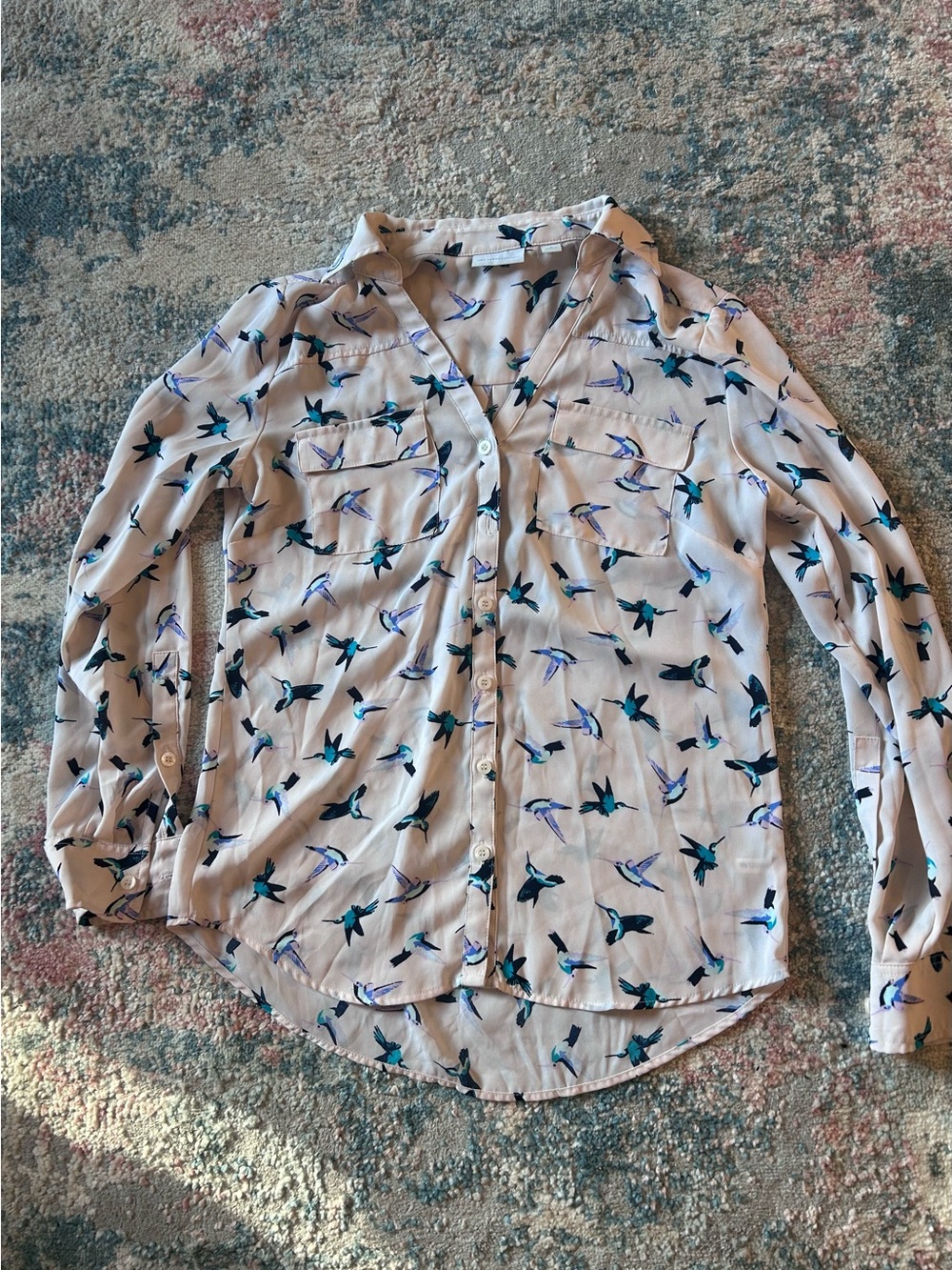New York & Company Blush Pink Hummingbird Button-Up Top